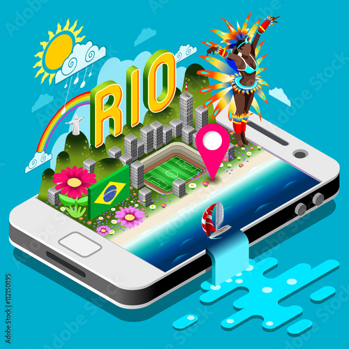 Brasil Rio Summer Games Infographic.Sport Event on Smartphone or Tablet Device.Landmarks Signs and Symbols Soccer Field Carnival Brazil Flag.3D Isometric Vector Illustration