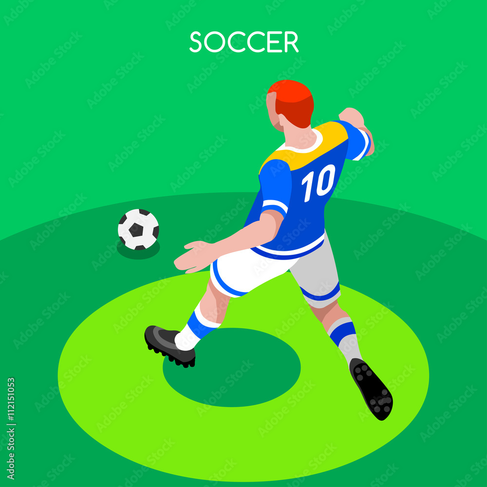 Fototapeta premium Soccer Striker Player Athlete Summer Games Icon Set.3D Isometric Field Soccer Match and Players.Sporting International Competition Championship.Sport Soccer Infographic Football Vector Illustration.