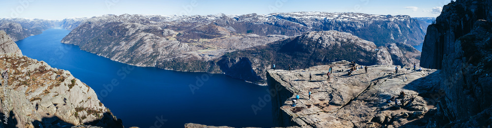 View at Preikestolen, Pulpit Rock, Lysefjorden, Norway. Famous tourist attraction. - obrazy, fototapety, plakaty 