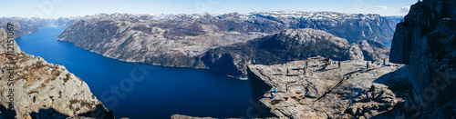 View at Preikestolen, Pulpit Rock, Lysefjorden, Norway. Famous tourist attraction. © mykolastock