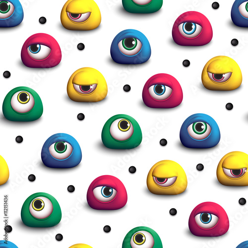 3d seamless pattern with colored eyes. Monsters, strange creatures, animate objects, aliens. Bright creative seamless pattern. 