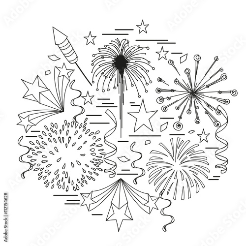 Fireworks, confetti, rocket, star. Vector illustration