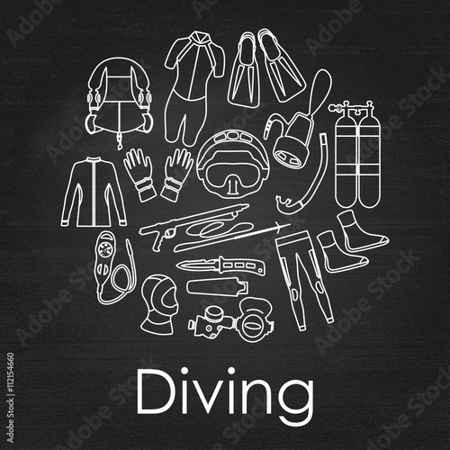 Scuba diving linear equipment on chalkboard background. Sport underwater, water sea, glove and flashlight, Jacket, pants, suit, socks, regulators, octopus,  mask and snorkel. Vector illustration
