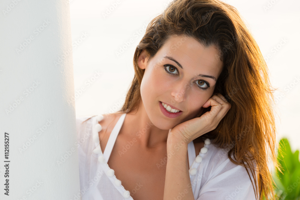 Beautiful young serene woman summer portrait outdoor. Caucasian female cheerful face close up. Beautiful young serene woman summer portrait outdoor. Caucasian female cheerful face close up.