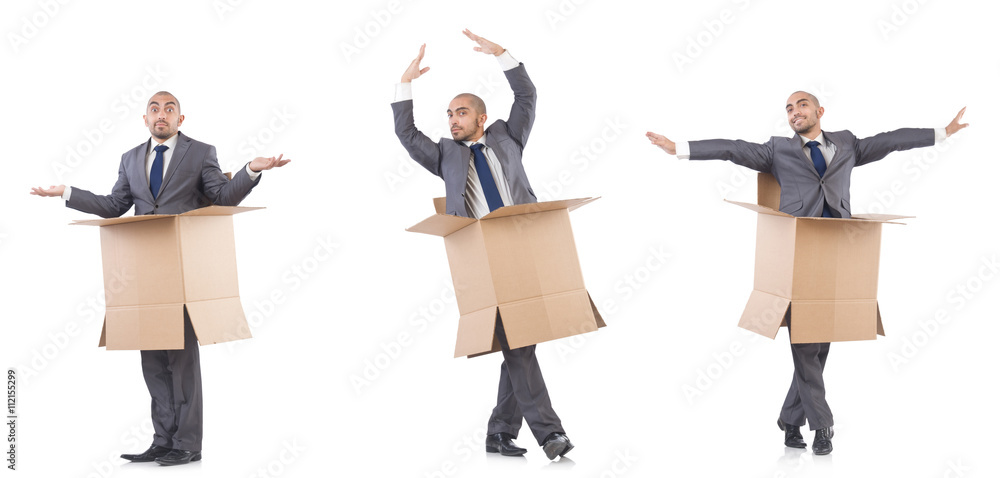 Obraz premium Collage of photos with man and boxes