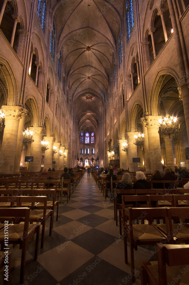 Interior view of Notre Dame Cathedral Paris France Interior view of Notre Dame Cathedral Paris France