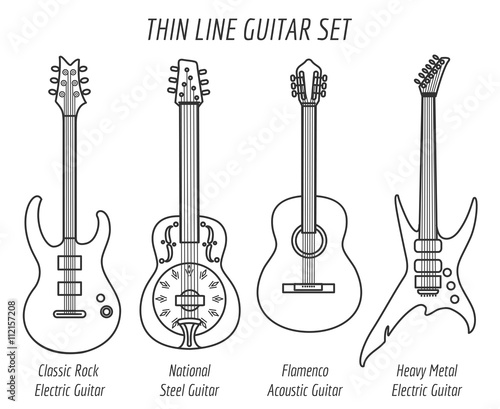 Guitar outline icons. Vector thin line guitar set