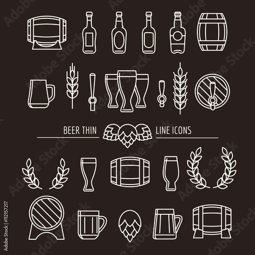 Beer thin line icons. Brewery outline signs with beer mug and beer bottle, brewing hops and beer barrels. Vector illustration
