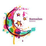 Ramadan greeting card with watercolor decorative moon and stars. Ramadan Kareem. Design concept for muslim ramadan holiday. Vector arabian holiday watercolor background.