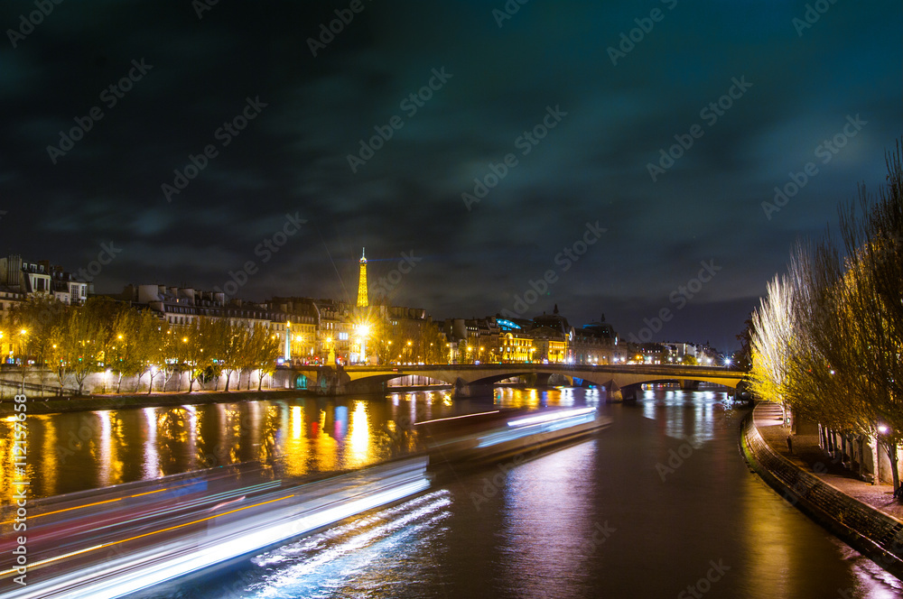 View of the seine river with Pont des Arts in night in Paris, View of the seine river with Pont des Arts in night in Paris,
