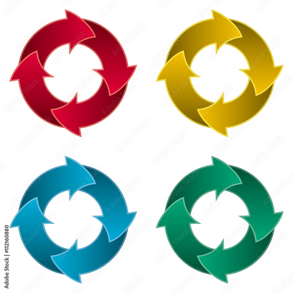Ring of four arrows. Colorful arrow circle. Set of four arrow circle. Four gradient arrows with outline form a ring