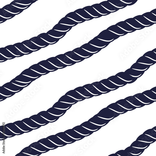 Marine navy blue rope seamless pattern. Rope string diagonal lines on white.
