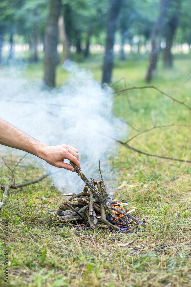 Naklejka premium Lay the wood on the fire, a fire in the forest
