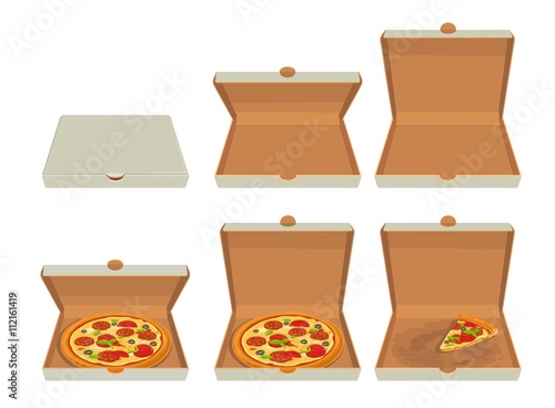 Whole pizza and slices of pizza in closed and open white box.Isolated vector flat illustration for poster, menus, logotype, brochure, web and icon.