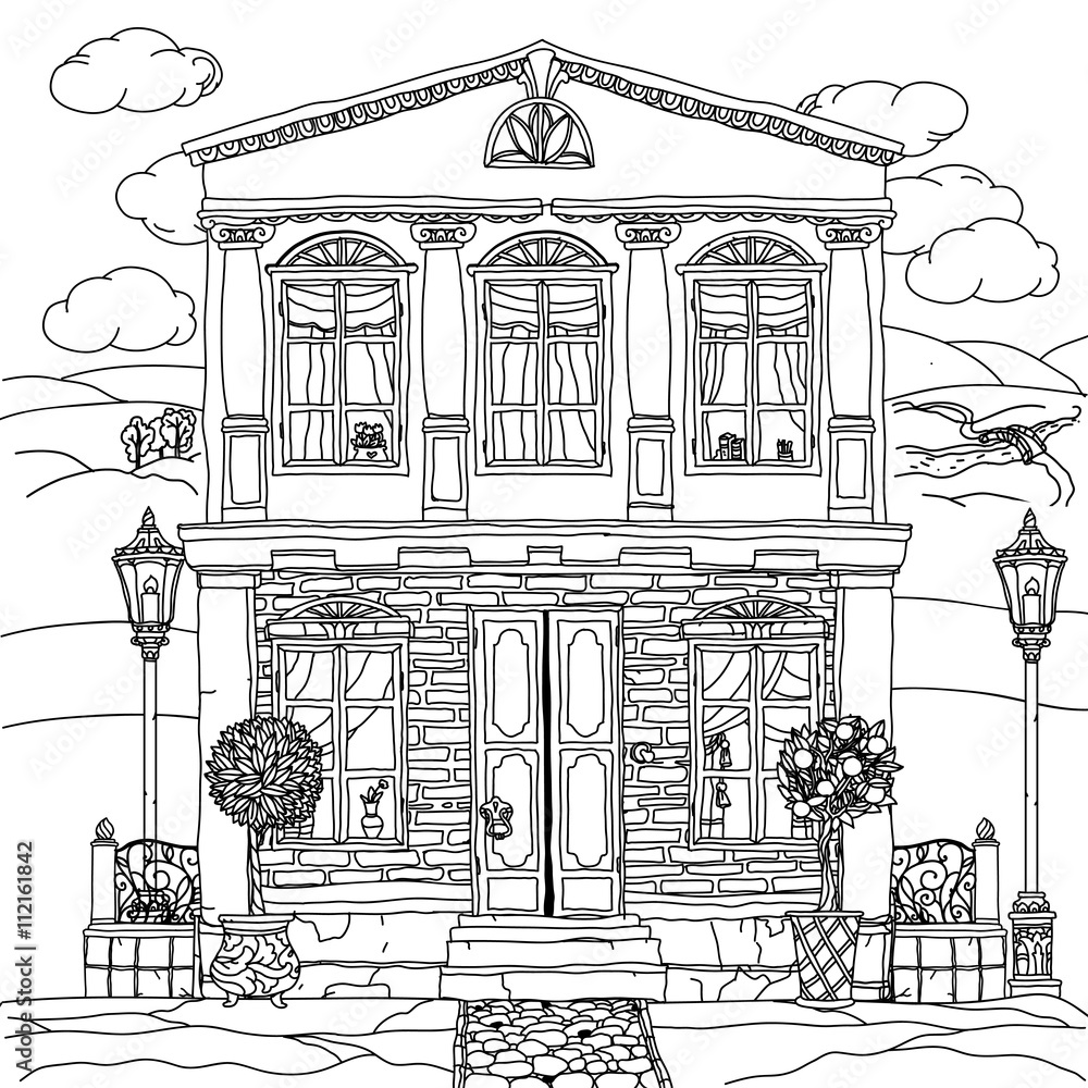 Black and white illustration of a house. Vector. Black and white illustration of a house. Vector.