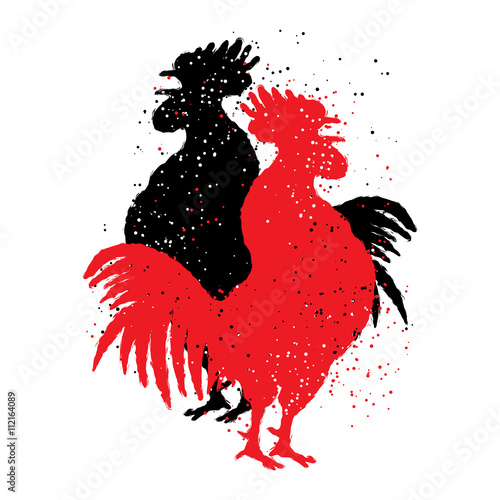 Two red and black roosters. Happy new year 2017 zodiac. Greeting card. Imitation of hand drawing or painting of roosters silhouette with Chinese calligraphy Inksticks or India ink.