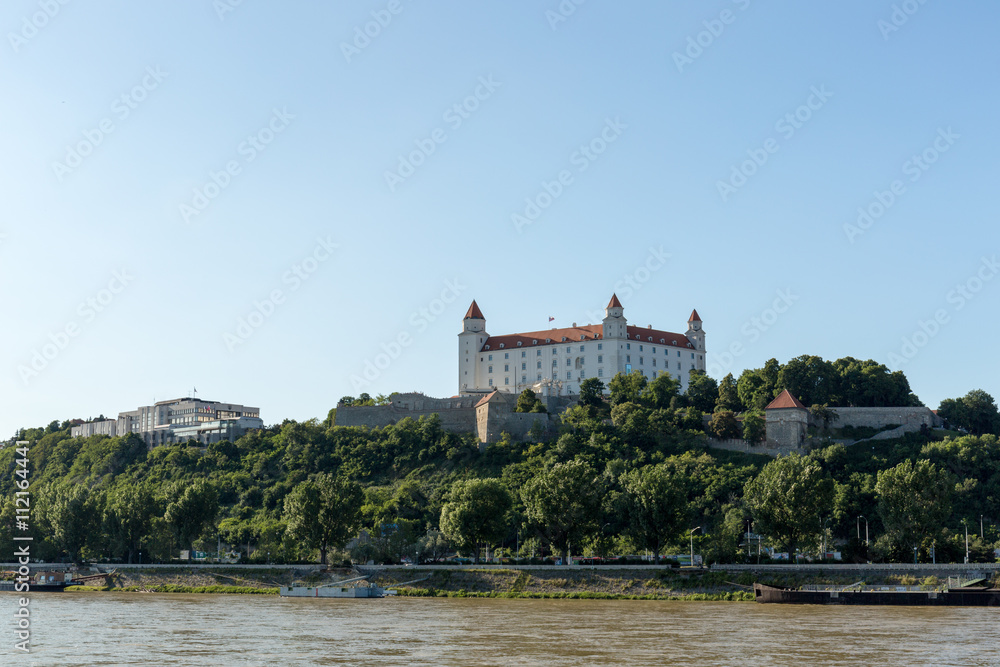 Bratislava castle,parliament and Danube river after rain, fall day Slovakia