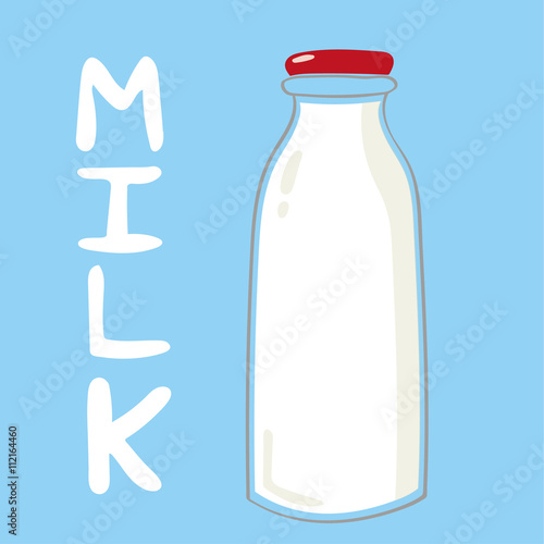 A bottle of dairy milk with a red cap standing next to the word MILK in white text
