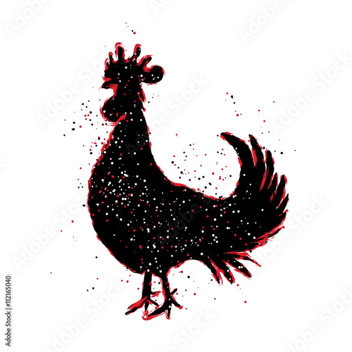 Chinese 2017 new year of the Rooster symbol. Red and black paint color brush roosters silhouette. Imitation of hand drawing or painting of rooster with Chinese calligraphy Inksticks or India ink.  photo