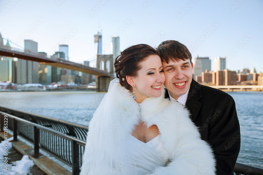 bride and groom on the background of Brooklyn Bridge bride and groom on the background of Brooklyn Bridge