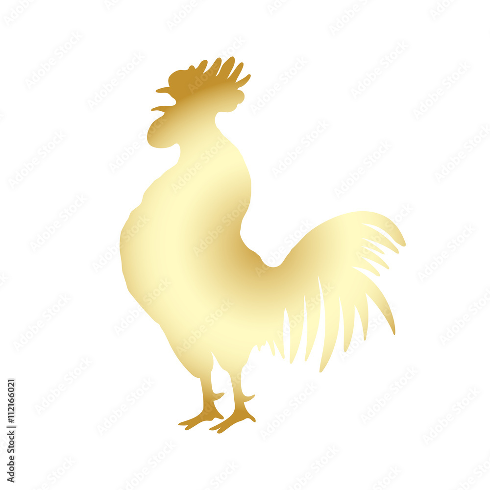 Chinese 2017 new year of the Rooster symbol. Gold metallic rooster on white background. Chinese calendar Zodiac. Rooster golden silhouette.