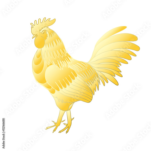 Gold rooster on white background looking at left. Chinese calendar, new year.