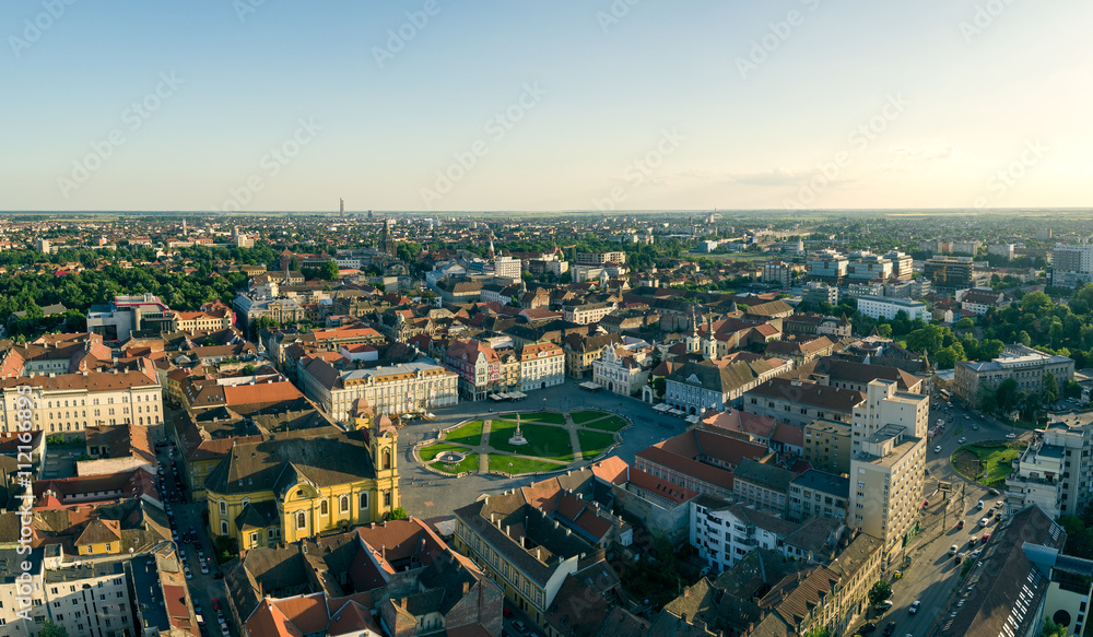 European city skyline seen by a professional drone