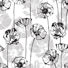Monochrome seamless pattern with poppies. Hand-drawn floral background.