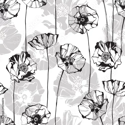 Tapety Monochromatyczny wzór z makami. Ręcznie rysowane tła kwiatowy.