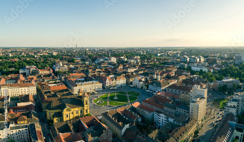 European city skyline seen by a professional drone