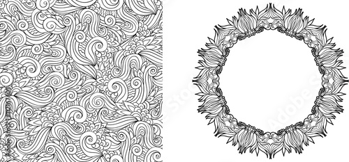Coloring page with abstract floral elements. Seamless pattern. F
