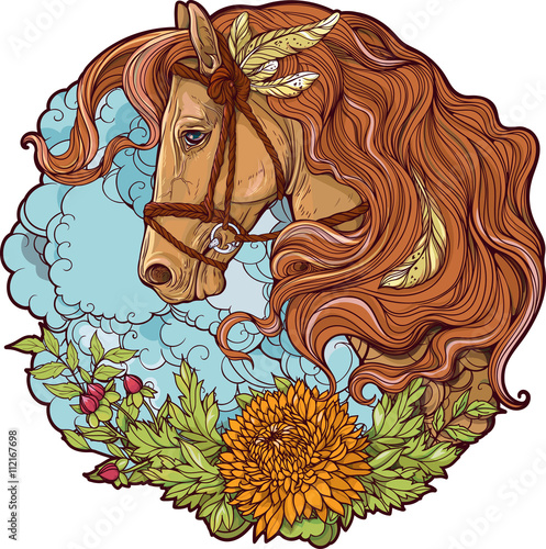Fototapeta Naklejka Na Ścianę i Meble -  horse with clouds and flowers.