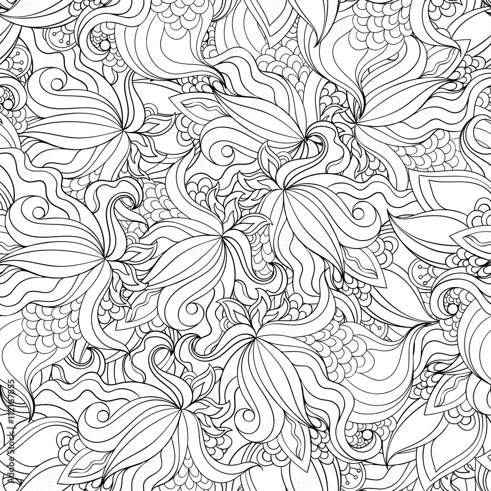 Black and white seamless pattern of orchid flowers.