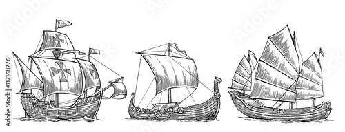 Caravel, drakkar, junk. Set sailing ships floating on the sea waves. Hand drawn design element. Vintage vector engraving illustration for poster, label, postmark. Isolated on white background
