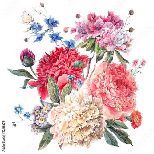 Naklejka na ścianę Vintage kwiatowy kartkę z życzeniami z kwitnących piwonii