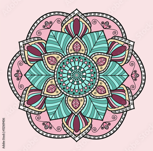 Vector ilustration of a colored mandala on pink, mandala colorato su sfondo rosa