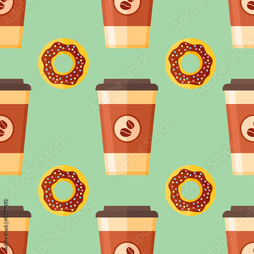 Seamless pattern with coffee takeaway and chocolate glazed donut on green background. Vector texture.