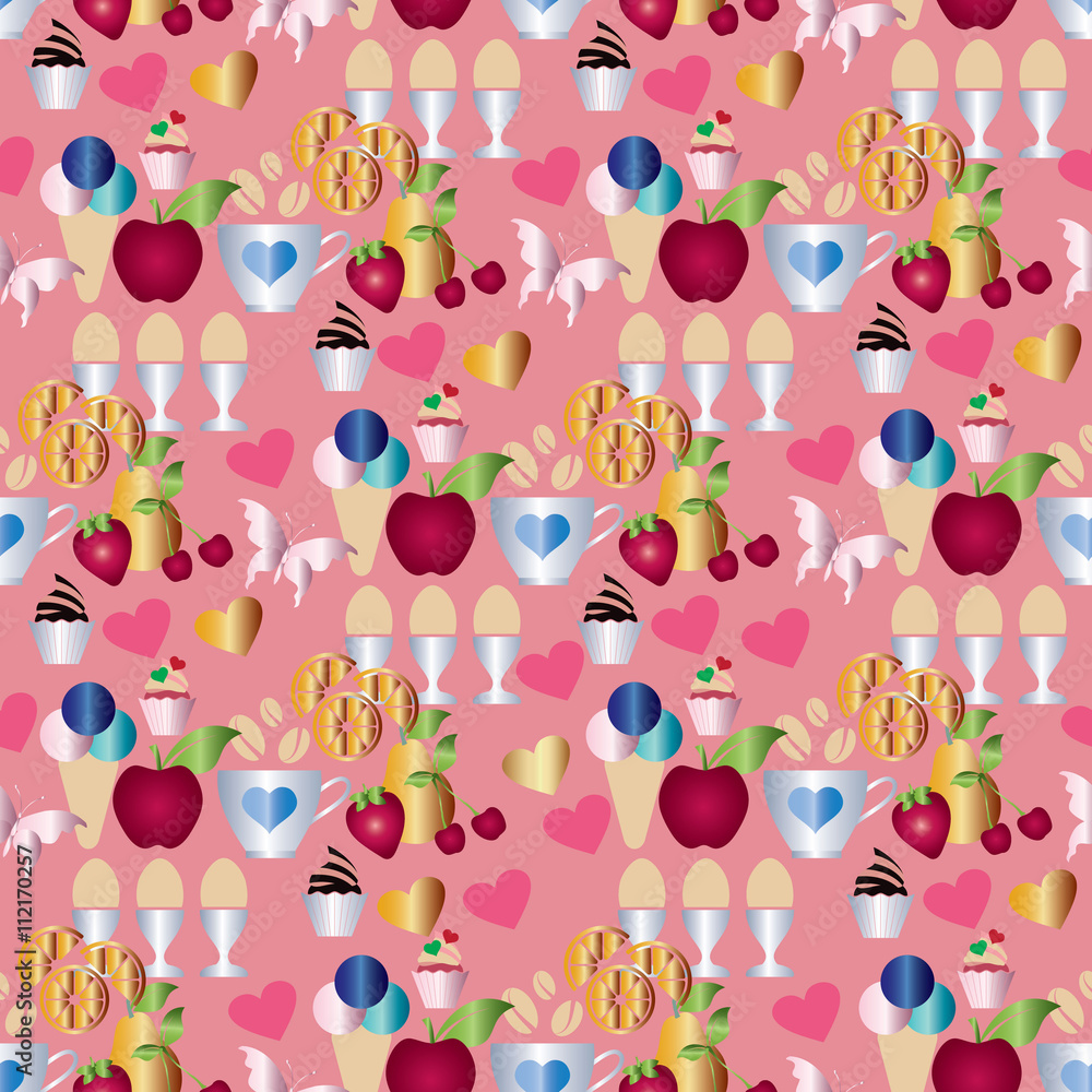 Sweet seamless pattern. On the pink background are colored apple, cherry, strawberry, lemon, cap with coffee, boiled eggs, cake, ice cream, hearts and butterfly. 
