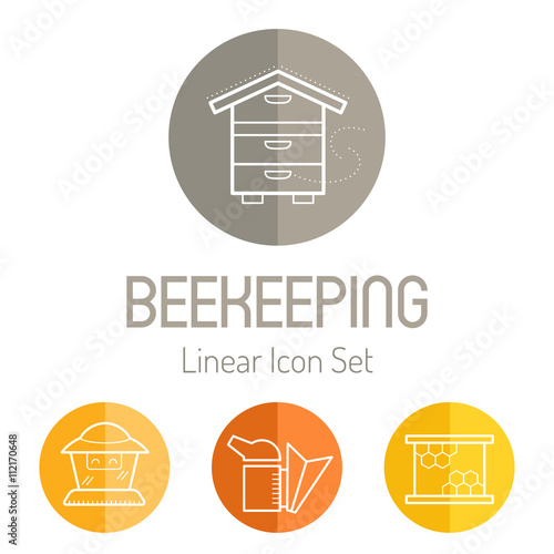Linear icon set with beekeeper, bee smoker and honeycomb