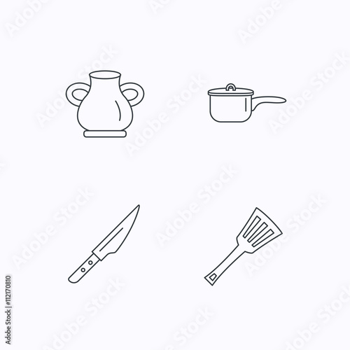 Saucepan, kithcen knife and utensils icons.