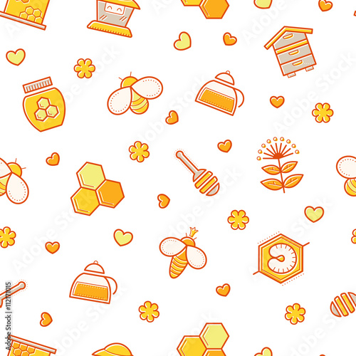 Seamless honey pattern with stroked beekeeping signs - honey bees, bee cells, honey ladle, honey plants, mother bees
