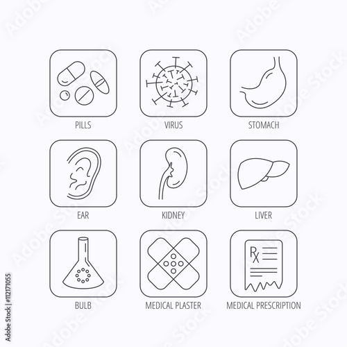 Pills, medical plaster and prescription icons.