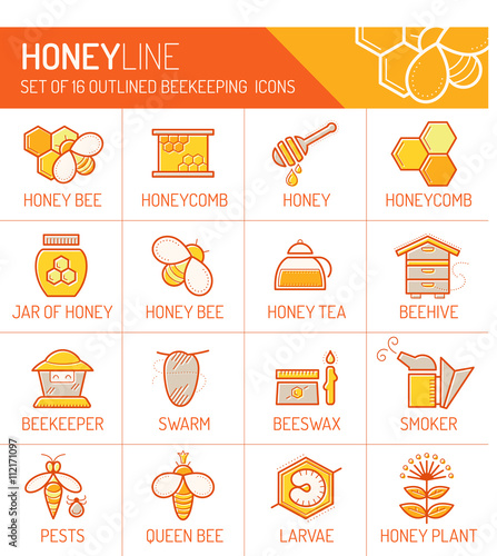 Set of stroked colorful honey and beekeeping icons