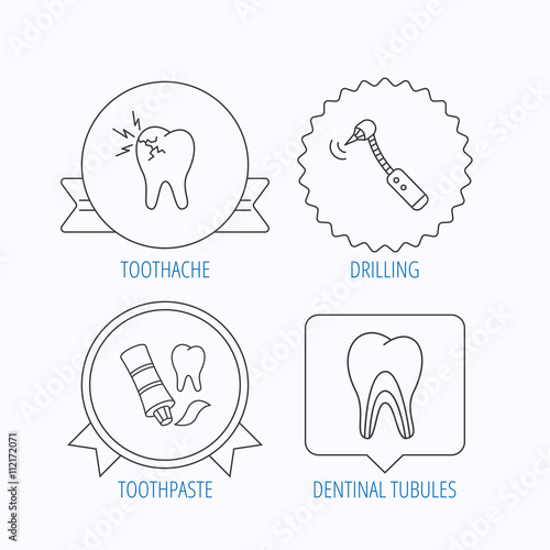 Toothpaste, dental tubules and toothache icons.