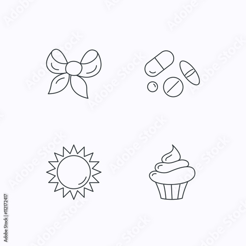 Medical pills, sun and bow-knot icons.