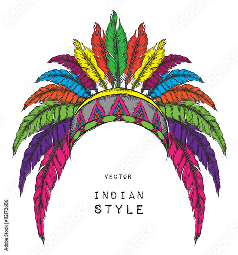 Native American Indian colored chief. Red and black roach. Indian feather headdress of eagle.