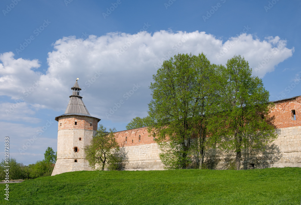 Ancient fortress sunny summer day. Towers and walls of the Kremlin in Zaraysk in Moscow region