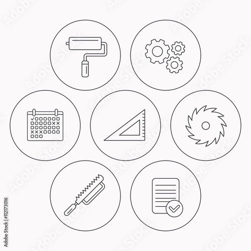 Triangular rule, paint roller and fretsaw icons.