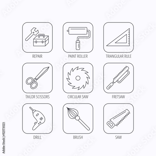 Scissors, paint roller and repair tools icons.