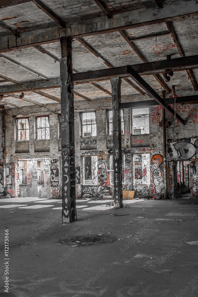 old factory room, abandoned industrial warehouse